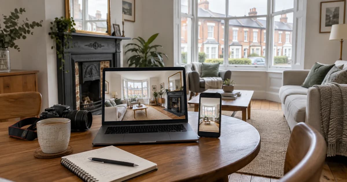 Phone and laptop showing property photographs in a British terrace living room.