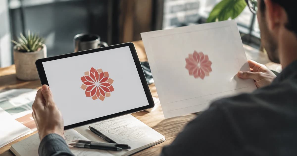 Logo on a tablet compared with a blurry presentation print to illustrate resolution limits.