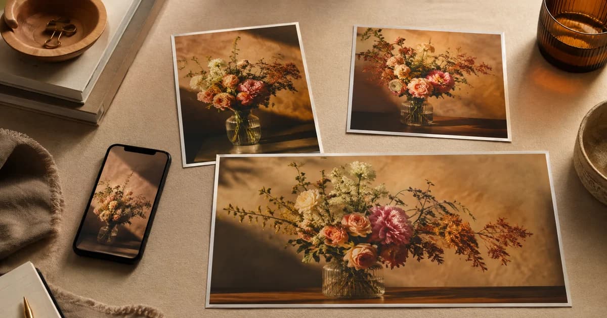 One bouquet photograph adapted into square, portrait and landscape campaign designs.