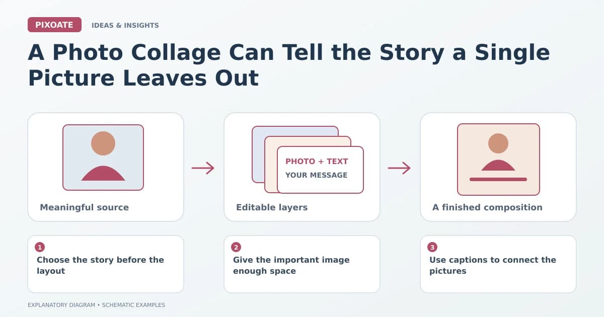 Explanatory diagram for photo collage storytelling, showing editable image, text and graphic layers.