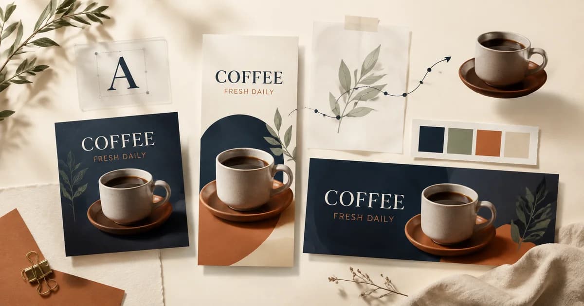 Coffee promotions in square, portrait and landscape layouts with photo, typography and illustration layers.
