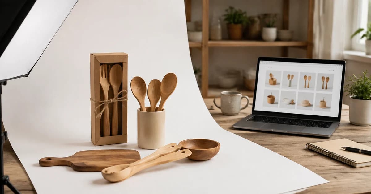 Kitchen utensils and packaging prepared for a Walmart Marketplace product image review.