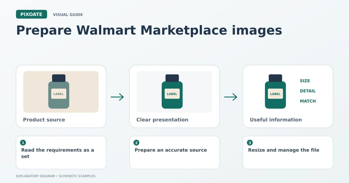 Explanatory diagram for prepare Walmart Marketplace images, showing product-image frames and a review sequence.