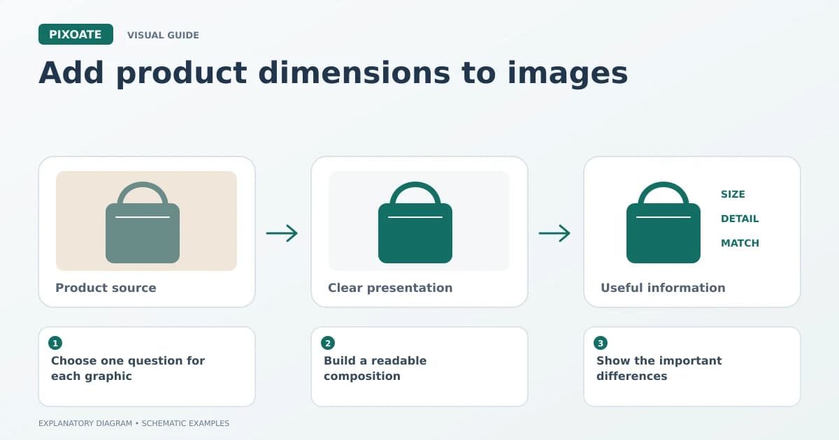 Explanatory diagram for add product dimensions to images, showing product-image frames and a review sequence.