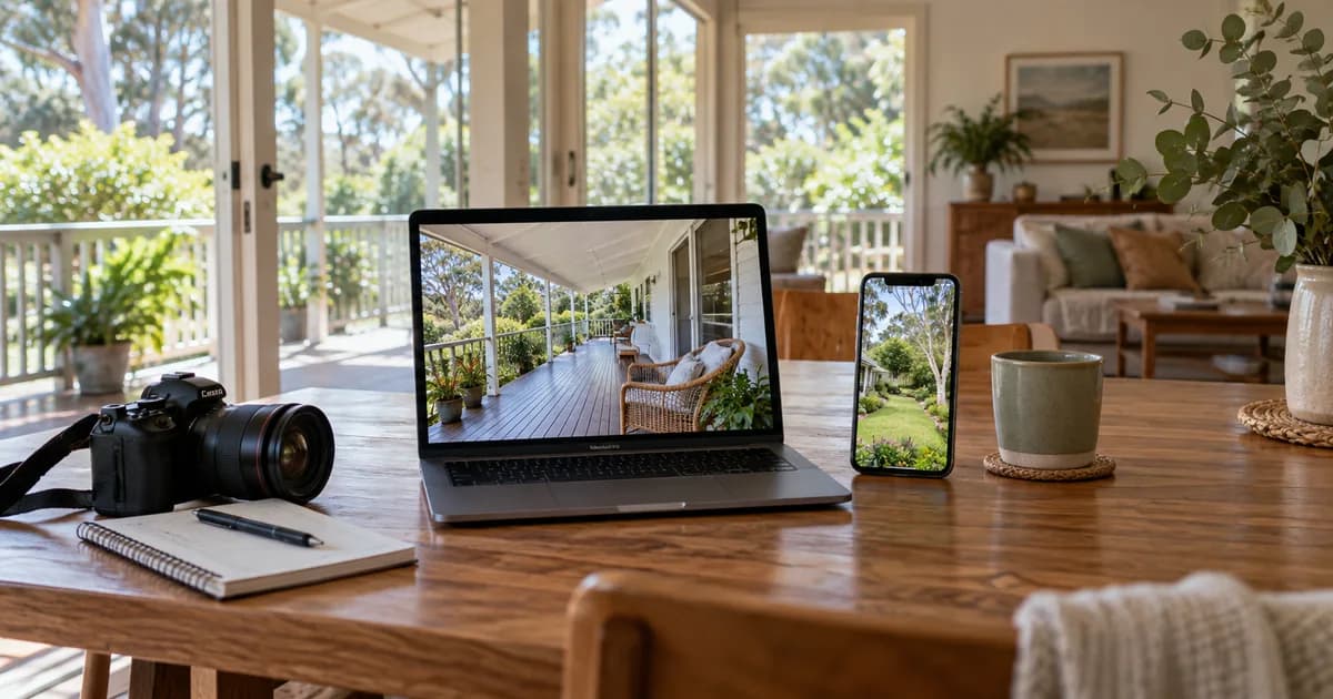 Laptop and phone displaying room photographs beside an Australian home veranda.