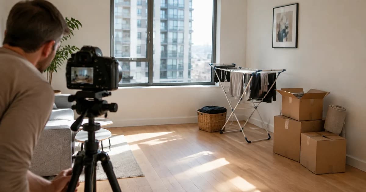 Temporary moving boxes and a laundry rack in a room being prepared for listing photos.