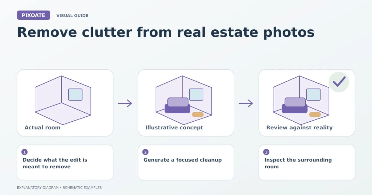 Explanatory diagram for remove clutter from real estate photos, showing schematic room layouts and furnishing symbols.