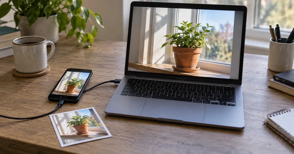 Laptop, phone and printed photograph showing the same plant on a tidy desk.
