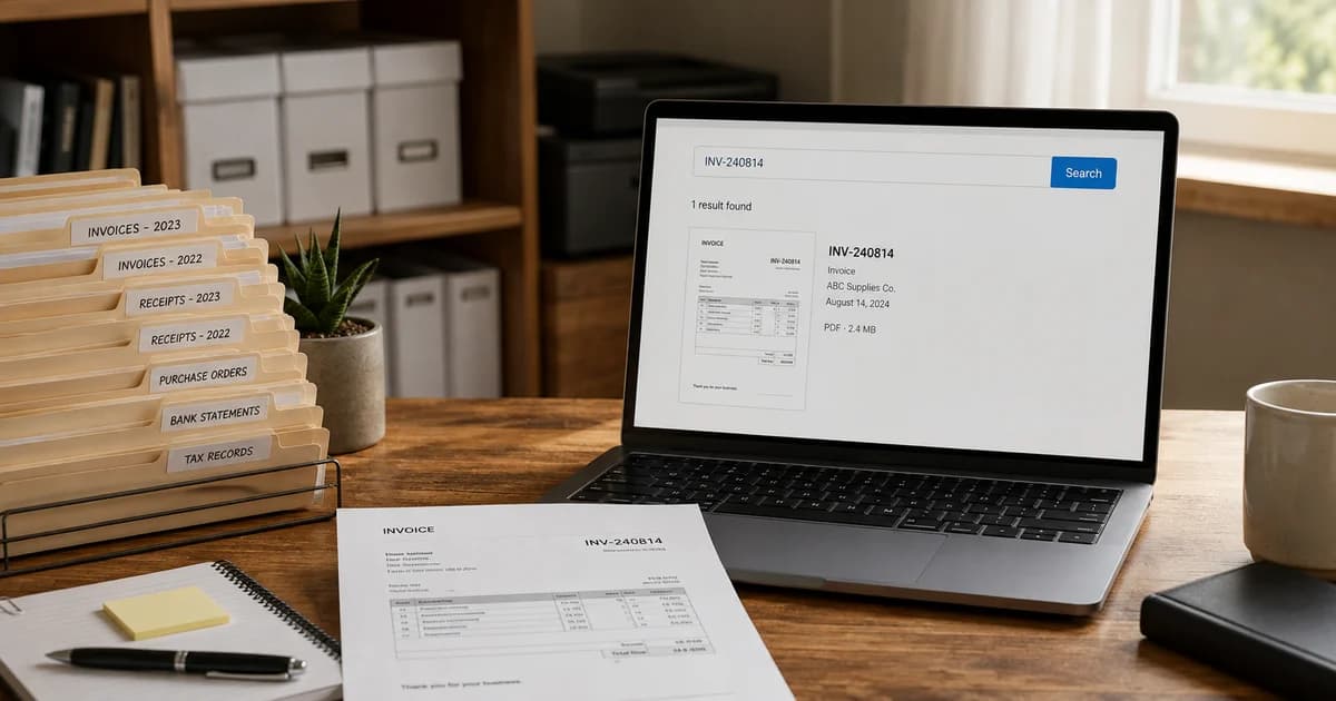 Organised invoices beside a laptop used to find searchable business PDF records.