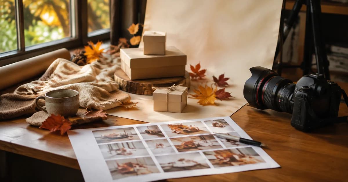 Seasonal product photo props and unfinished campaign images on a small-business studio table.