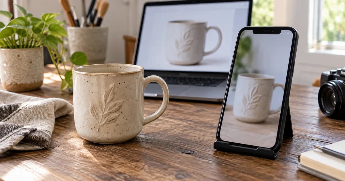Cream ceramic mug on a desk beside a laptop and phone displaying product photographs.