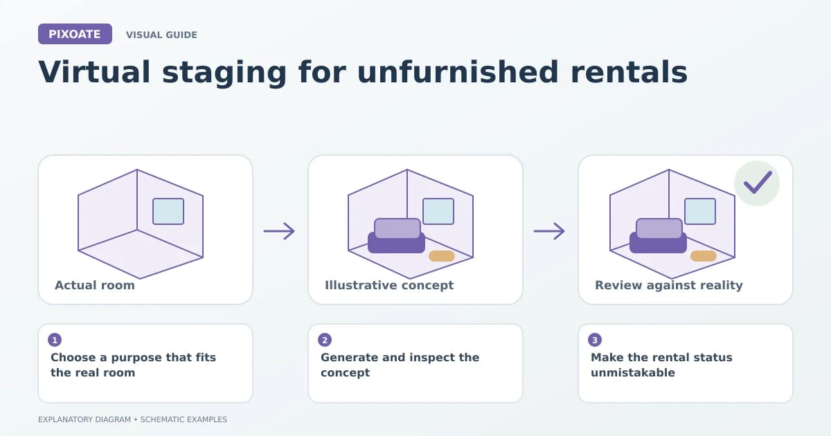 Explanatory diagram for virtual staging for unfurnished rentals, showing schematic room layouts and furnishing symbols.