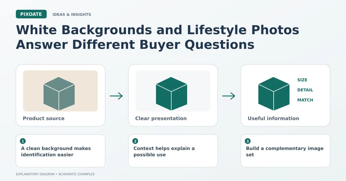 Explanatory diagram for white background vs lifestyle product photos, showing product-image frames and a review sequence.