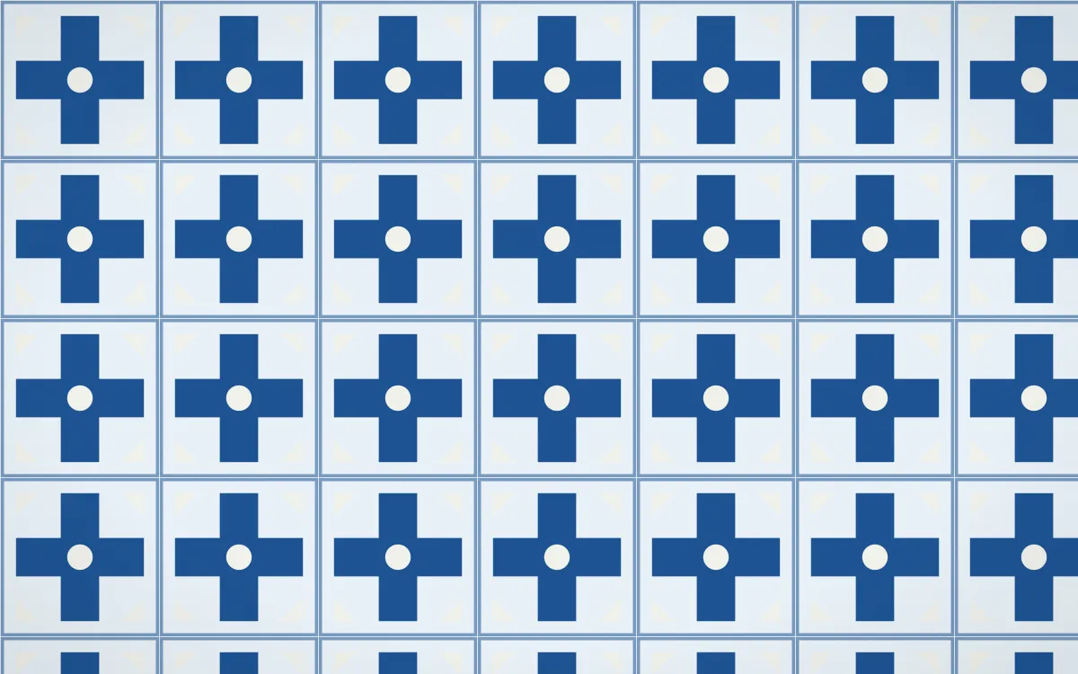 Aegean Noon Cross Tile — light blue and white azulejo background