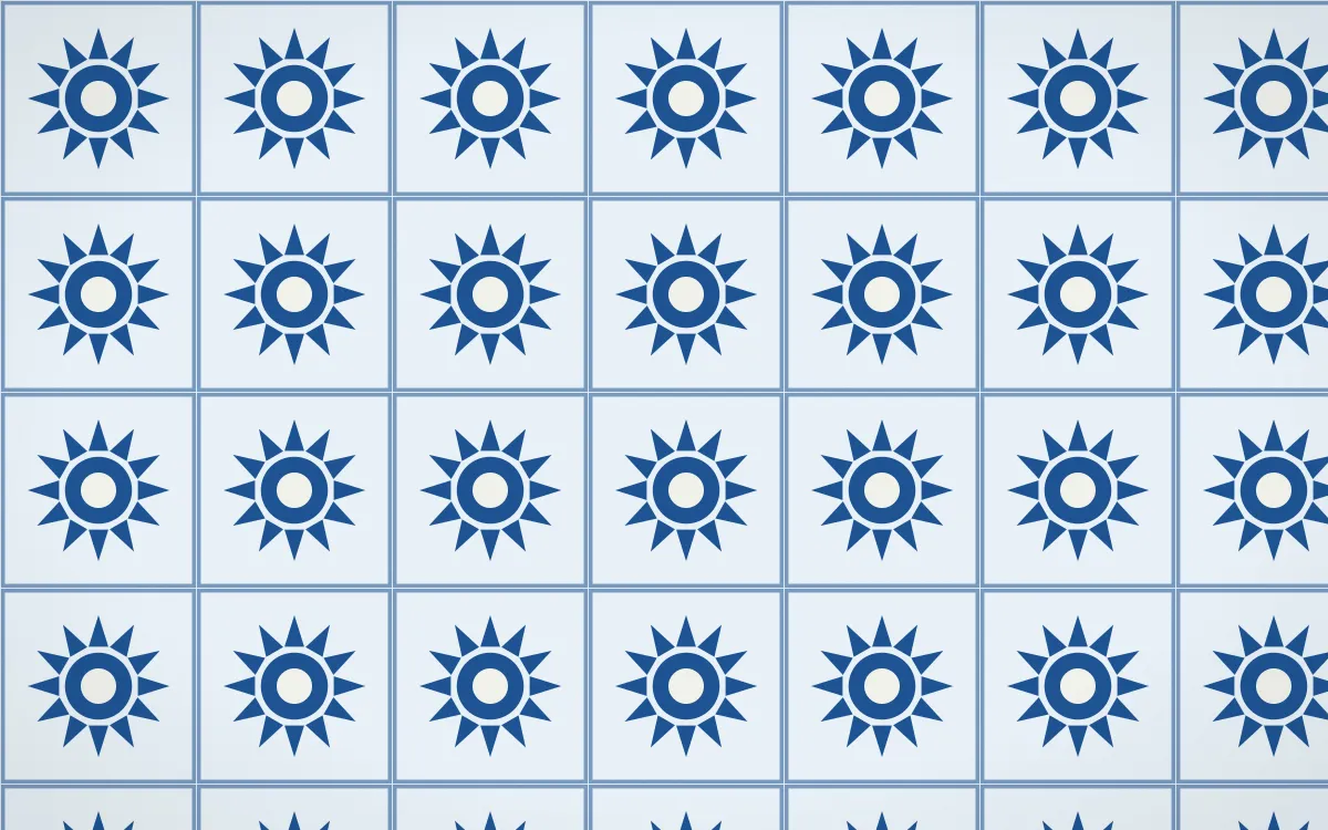 Aegean Noon Sunburst Tile — light blue and white azulejo background