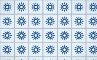Aegean Noon Sunburst Tile — light blue and white azulejo background
