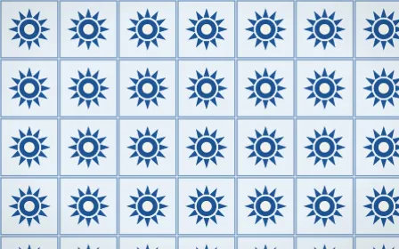 Aegean Noon Sunburst Tile — light blue and white azulejo background