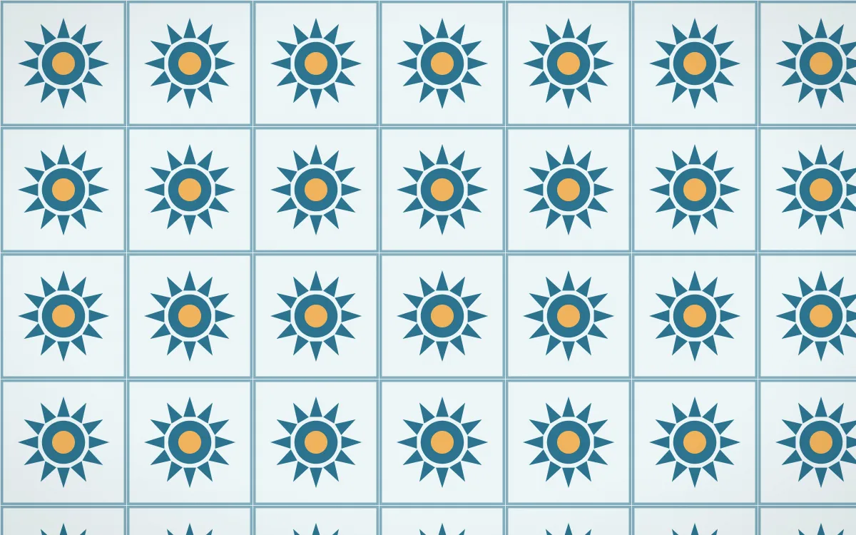 Algarve Sea Sunburst Tile — light blue, orange and white azulejo background