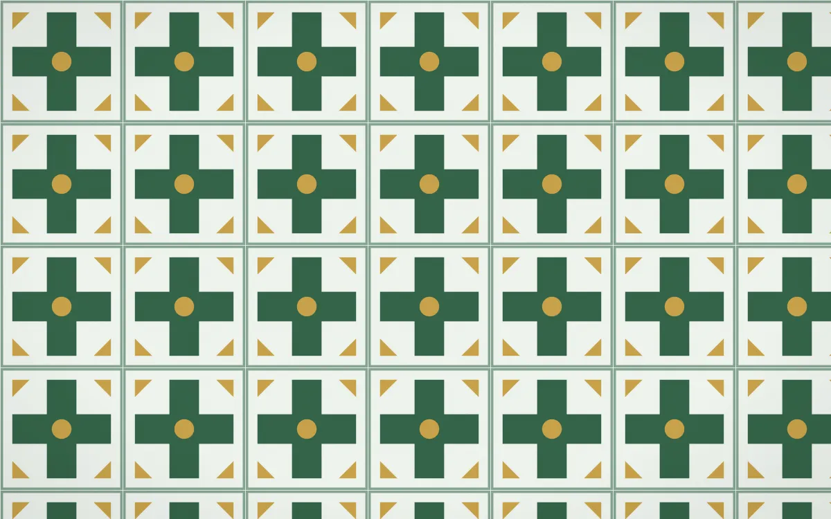 Alhambra Jade Cross Tile — light green, gold and white azulejo background