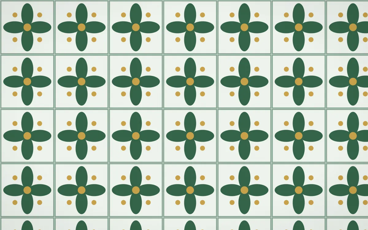 Alhambra Jade Petal Tile — light green, gold and white azulejo background