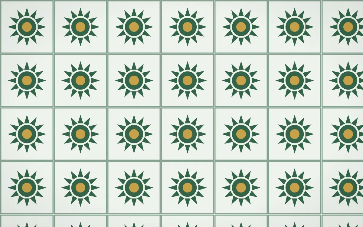 Alhambra Jade Sunburst Tile — light green, gold and white azulejo background