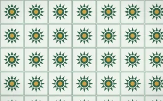 Alhambra Jade Sunburst Tile — light green, gold and white azulejo background