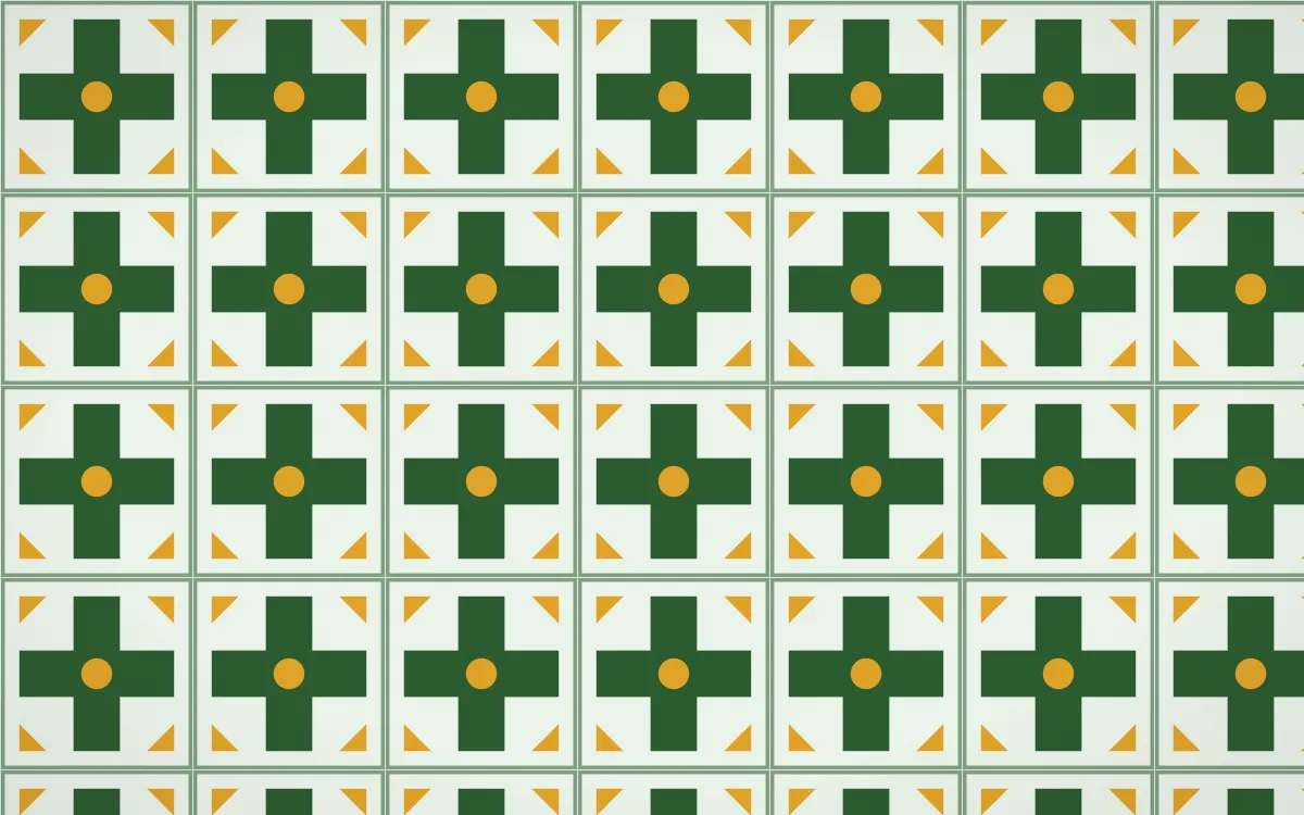 Amazônia Cross Tile — light green, gold and white azulejo background