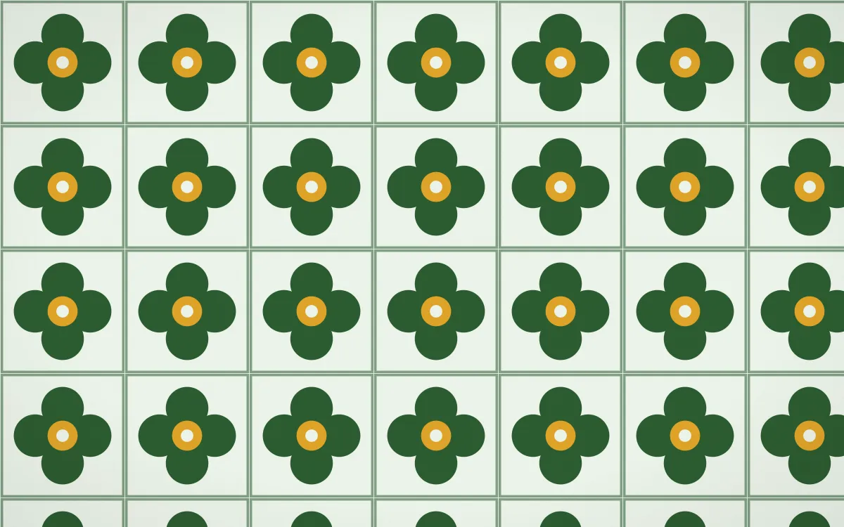 Amazônia Quatrefoil Tile — light green, gold and white azulejo background