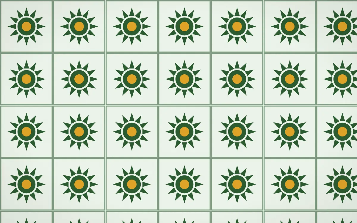 Amazônia Sunburst Tile — light green, gold and white azulejo background