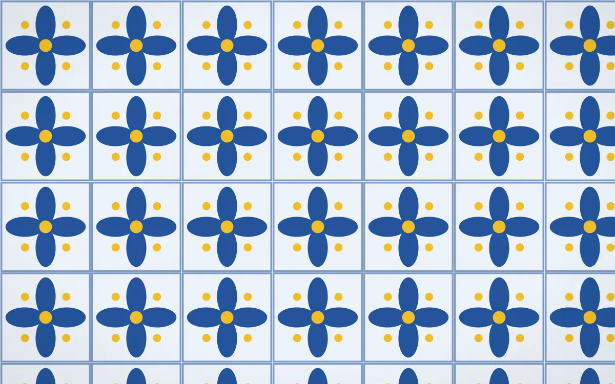Bahia Blue Petal Tile — light blue, gold and white azulejo background