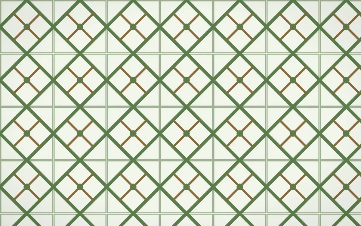 Bamboo Mist Lattice Tile — light green, brown and white azulejo background