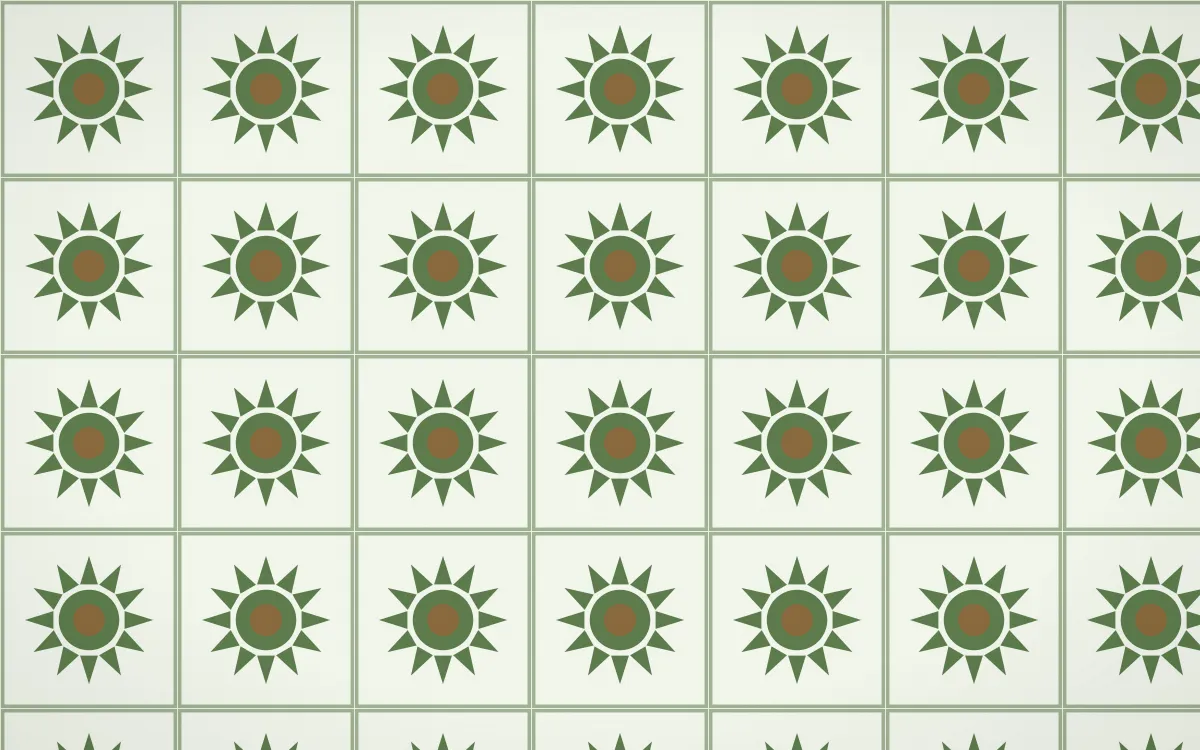 Bamboo Mist Sunburst Tile — light green, brown and white azulejo background
