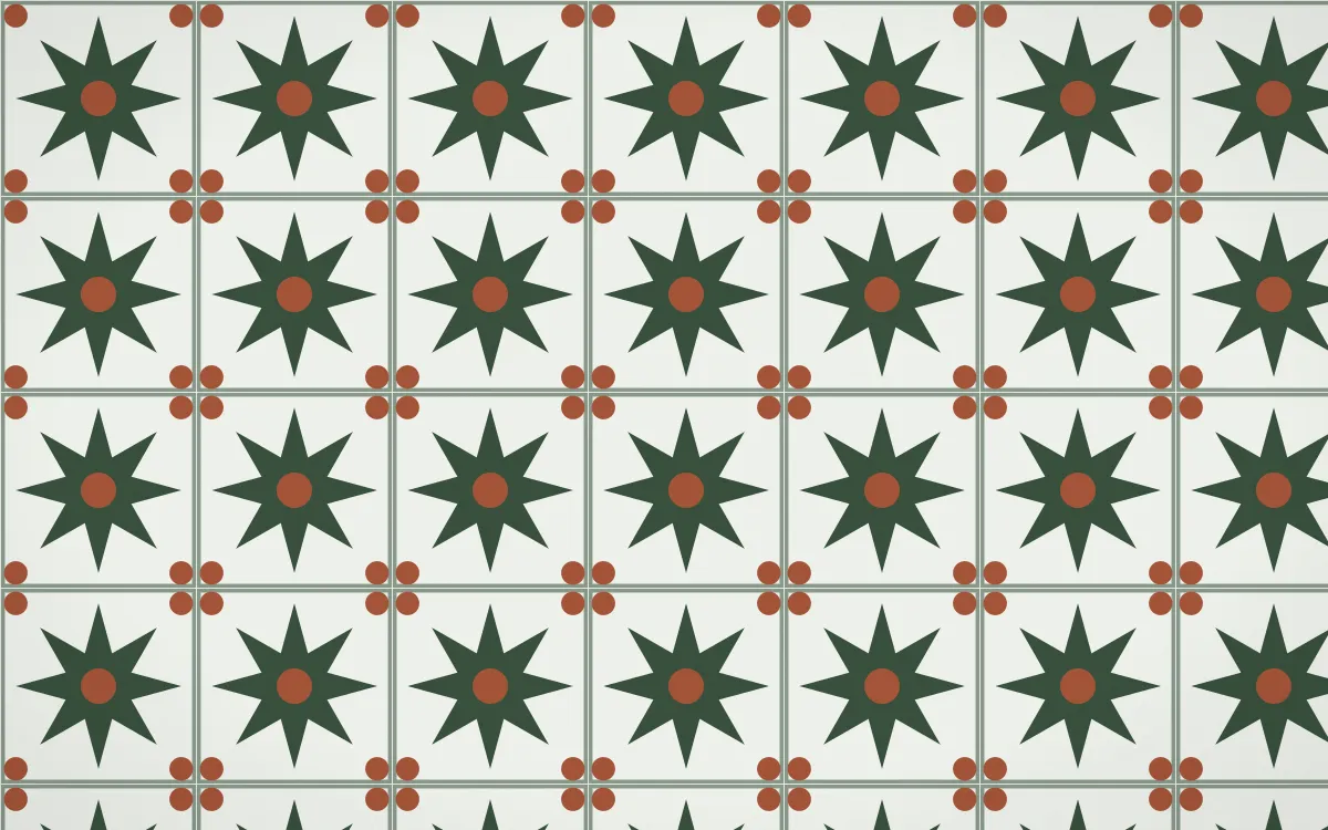 Bavarian Forest Star Tile — light green, orange and white azulejo background
