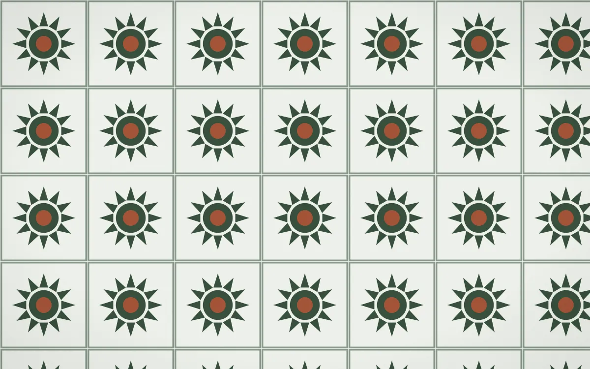 Bavarian Forest Sunburst Tile — light green, orange and white azulejo background