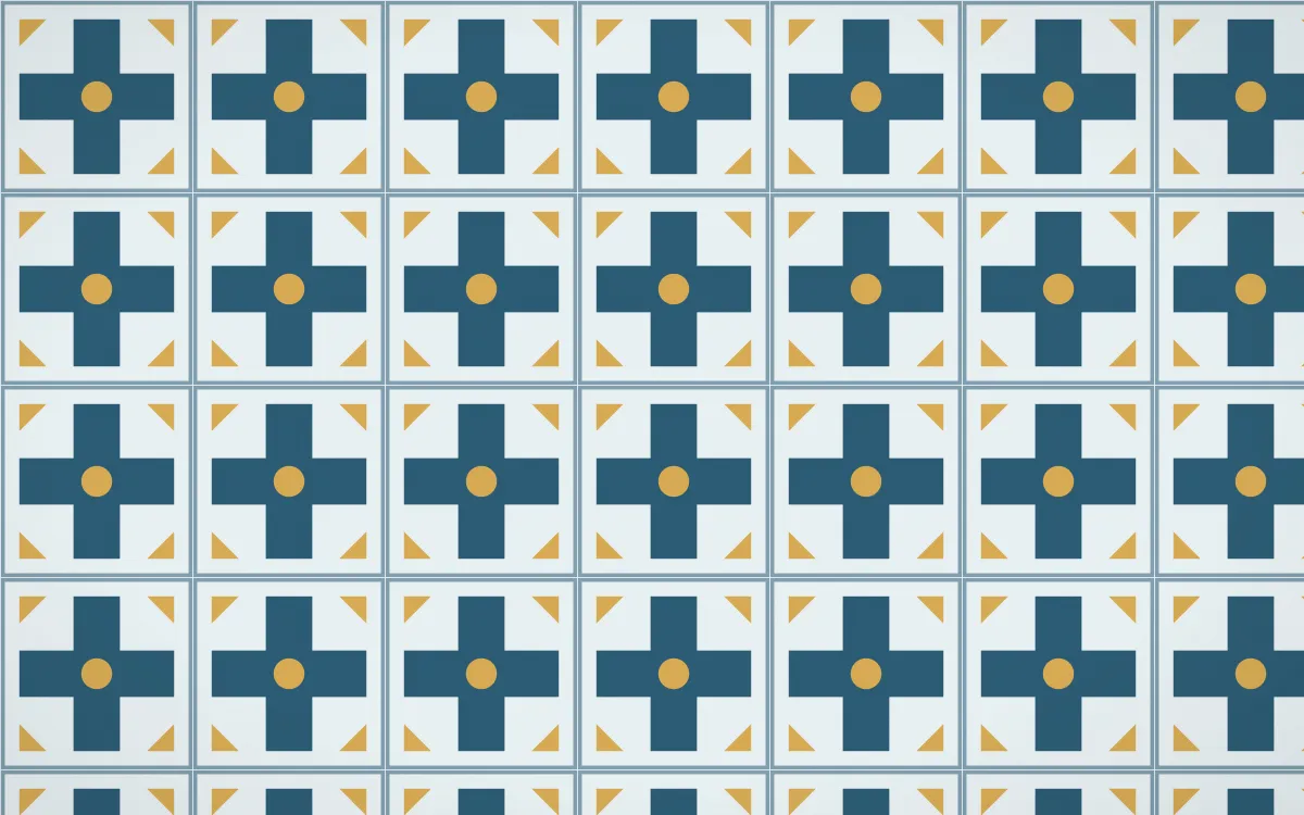 Bosphorus Cross Tile — light blue, gold and white azulejo background