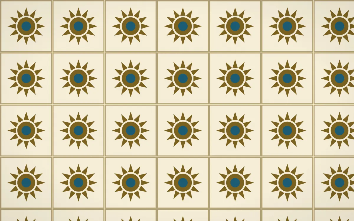 Cairo Gold Sunburst Tile — light brown, blue and beige azulejo background