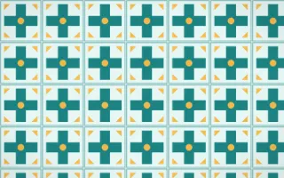 Cancún Surf Cross Tile — light teal and gold azulejo background