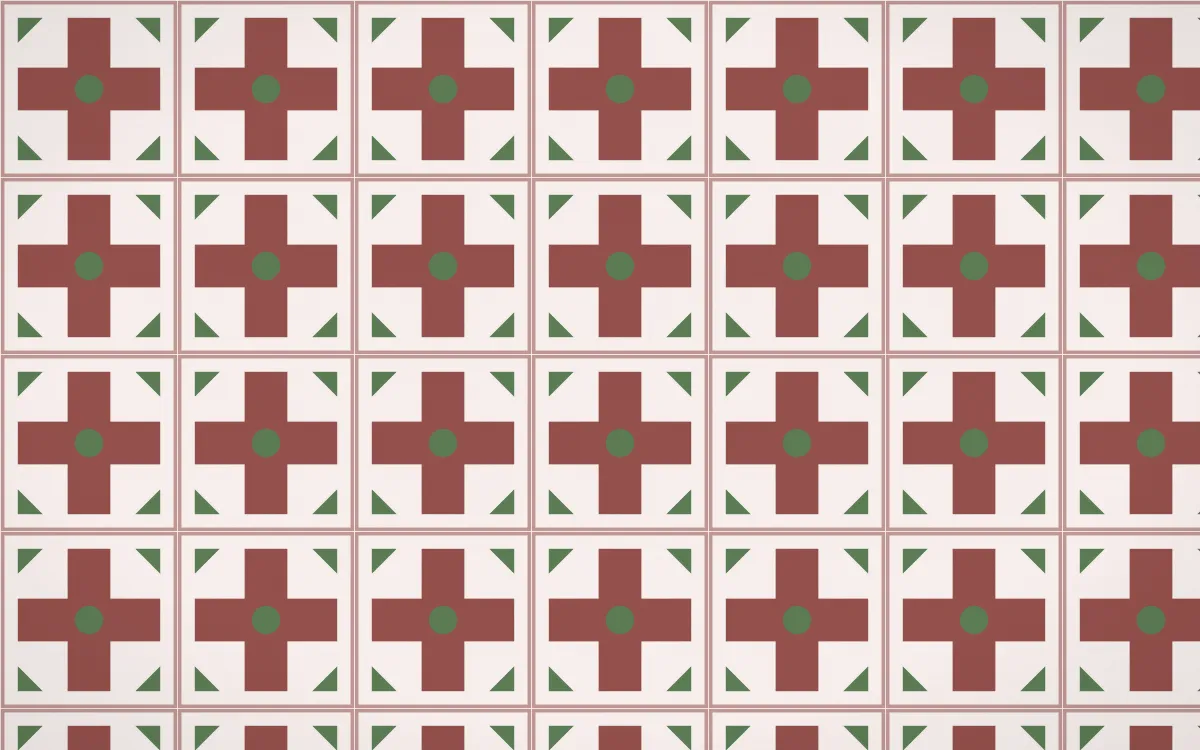 Cape Protea Cross Tile — light red, green and white azulejo background