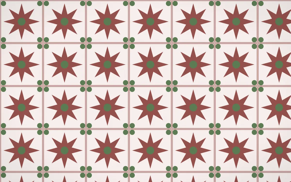 Cape Protea Star Tile — light red, green and white azulejo background