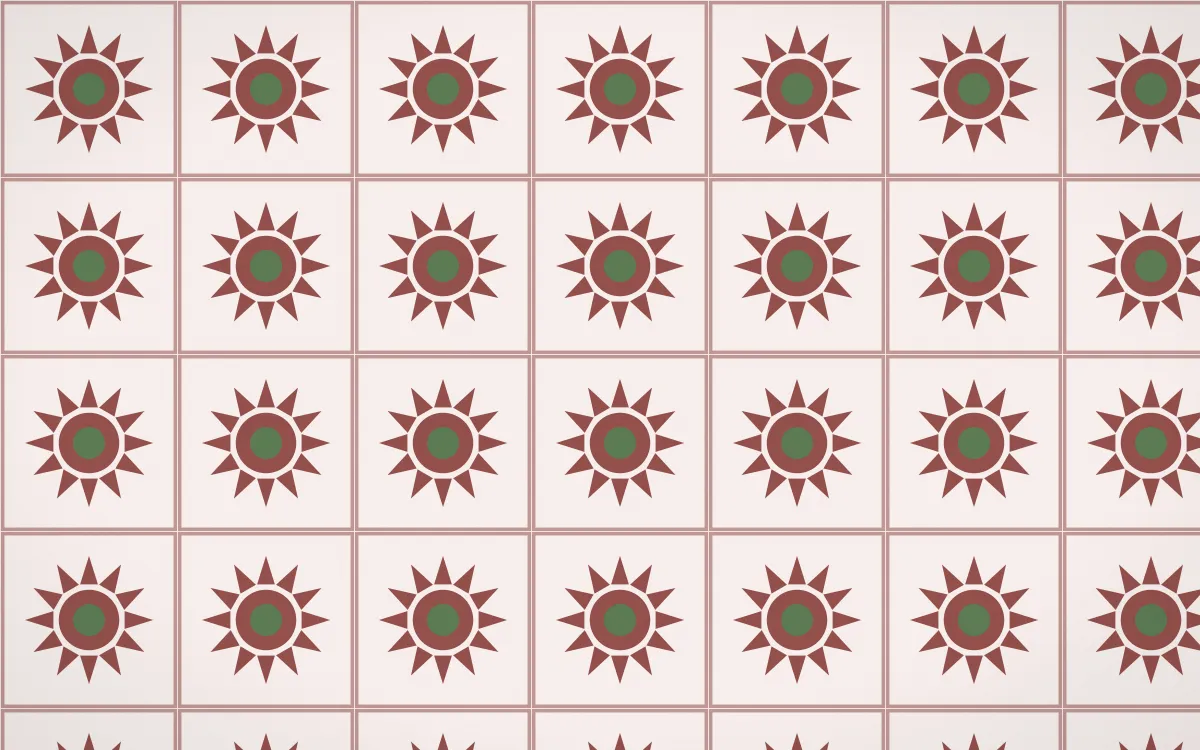 Cape Protea Sunburst Tile — light red, green and white azulejo background