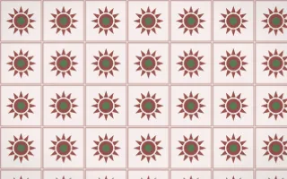 Cape Protea Sunburst Tile — light red, green and white azulejo background