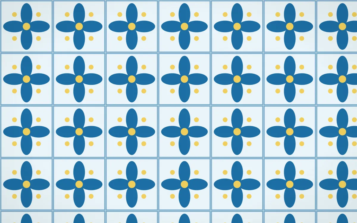 Capri Blue Petal Tile — light blue, gold and white azulejo background