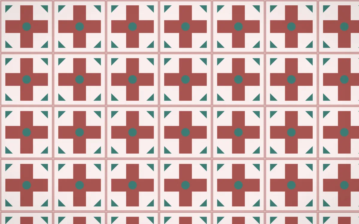 Damascus Rose Cross Tile — light red, teal and white azulejo background
