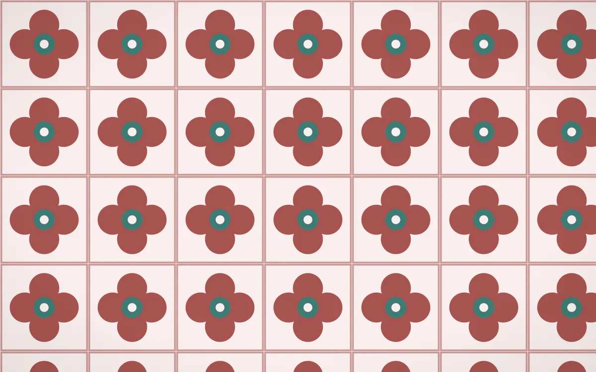 Damascus Rose Quatrefoil Tile — light red, teal and white azulejo background