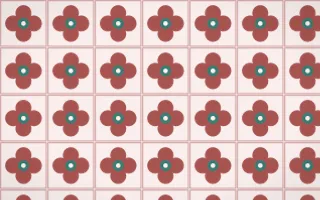 Damascus Rose Quatrefoil Tile — light red, teal and white azulejo background