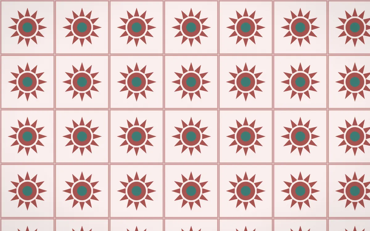 Damascus Rose Sunburst Tile — light red, teal and white azulejo background