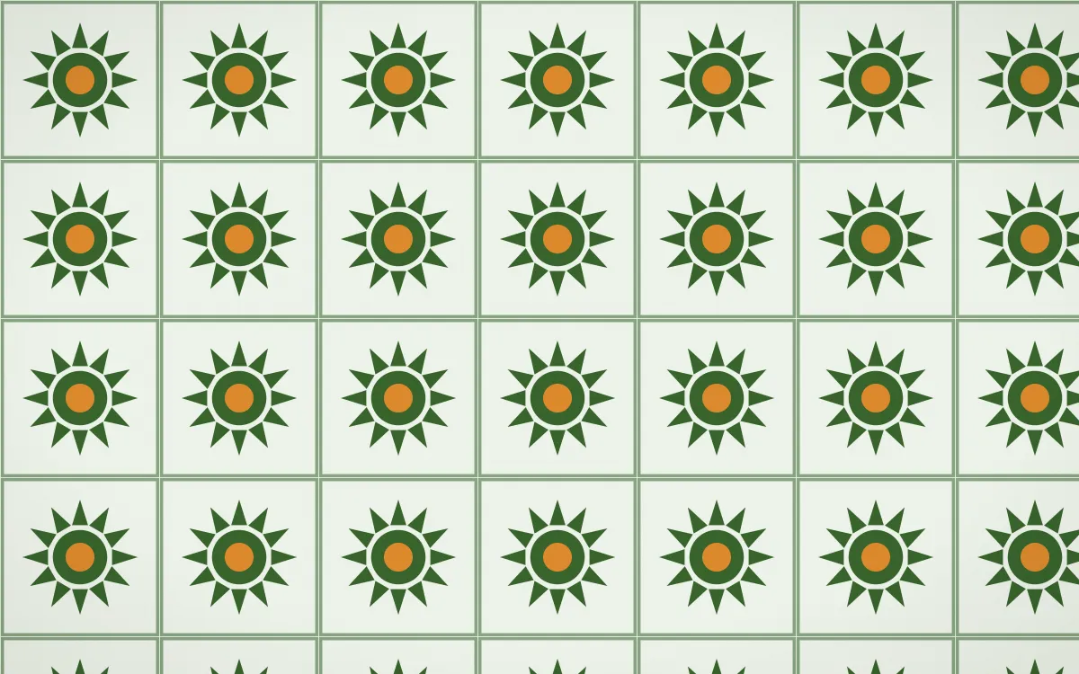Emerald Isle Sunburst Tile — light green, orange and white azulejo background