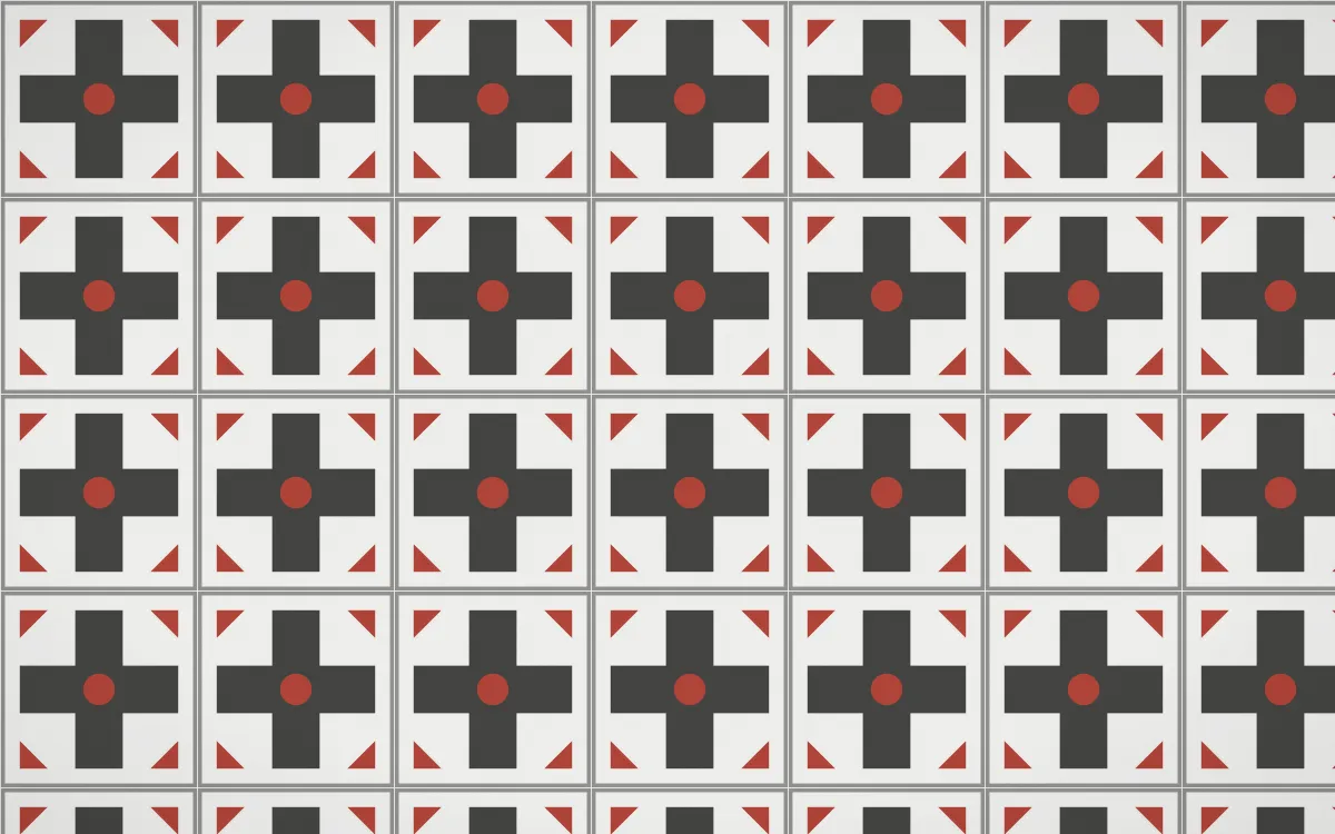 Edo Charcoal Cross Tile — light grey, red and white azulejo background