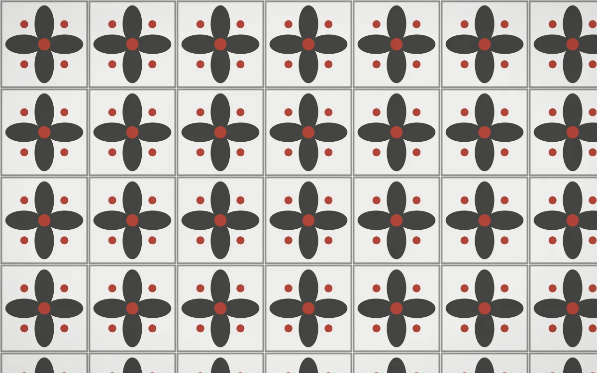 Edo Charcoal Petal Tile — light grey, red and white azulejo background