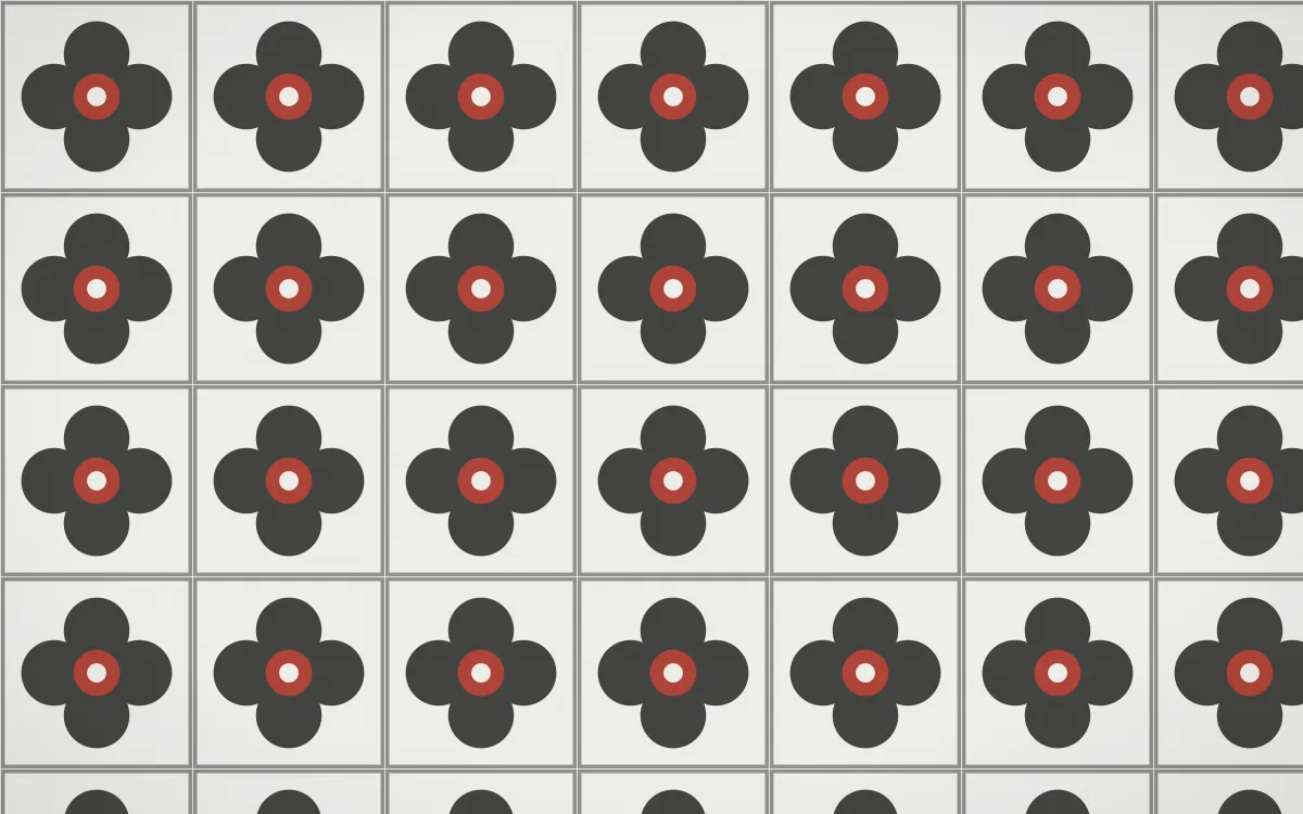 Edo Charcoal Quatrefoil Tile — light grey, red and white azulejo background